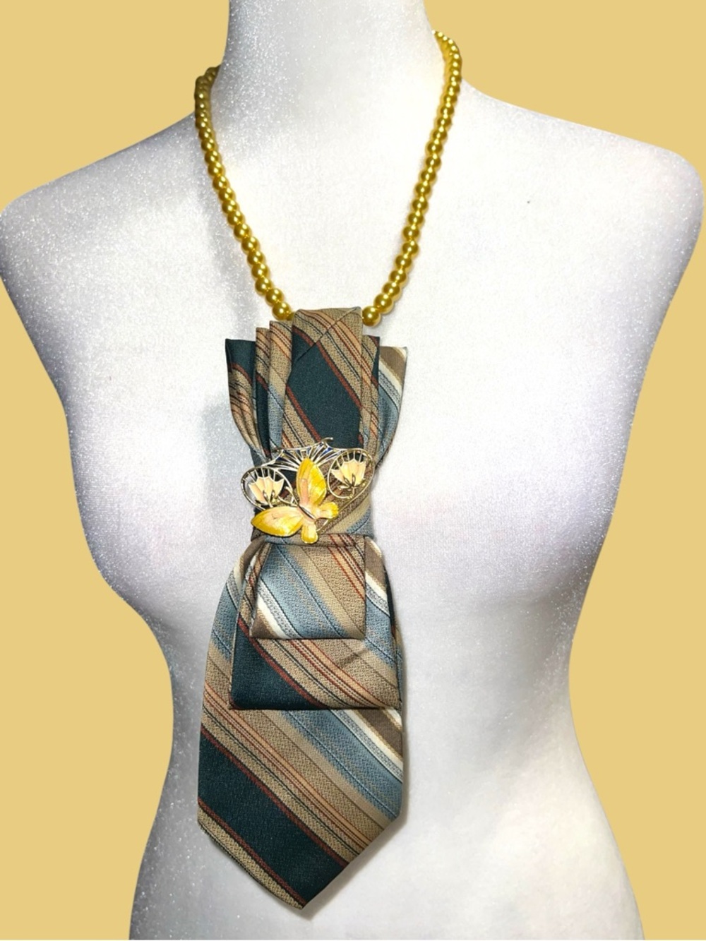 Designer-Inspired Striped Tie Necklace in Yellow and Teal with cute butterfly